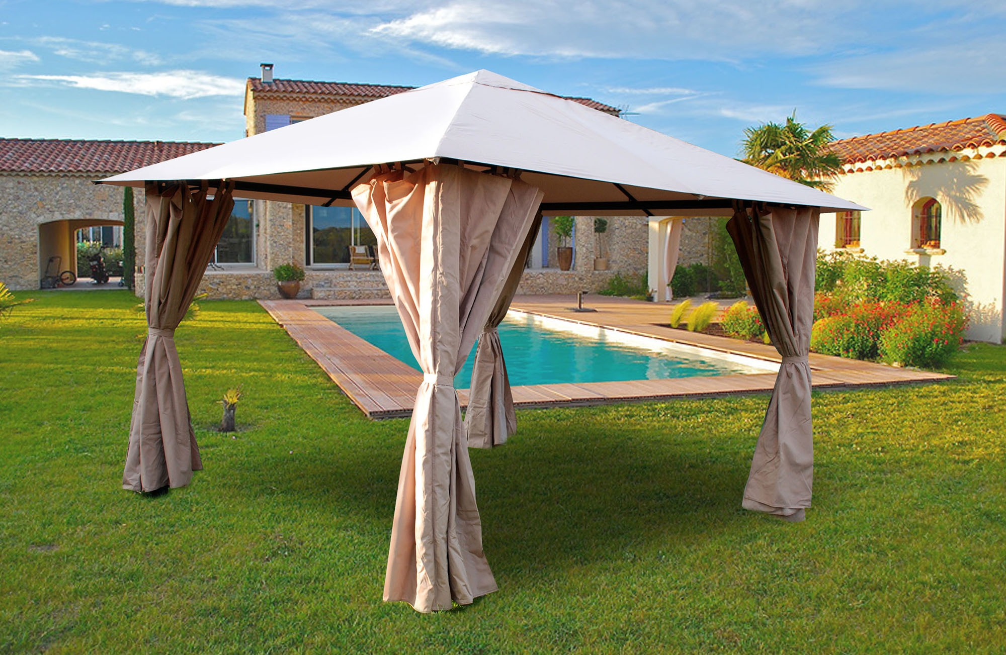 Tonnelle de jardin 3x3 m avec rideaux Atlas coloris taupe