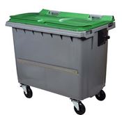 Conteneur roulant 4 roues 660 litres couvercle vert barre ventrale