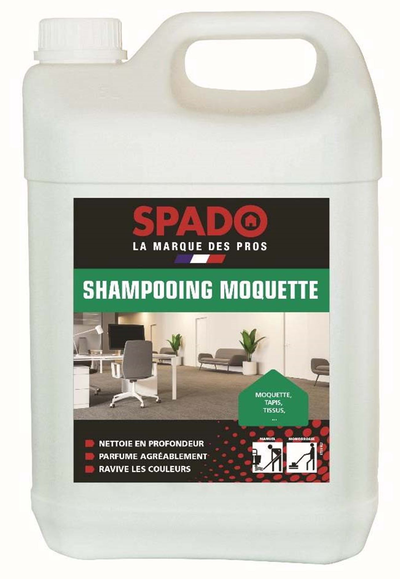 SPADO - Shampoing raviveur moquettes - Nettoie, ravivre les couleurs et  redonne du volume- Bouchon doseur - Tapis, moquettes et laine - Parfum  orange - 1L - Fabrication française : : Epicerie