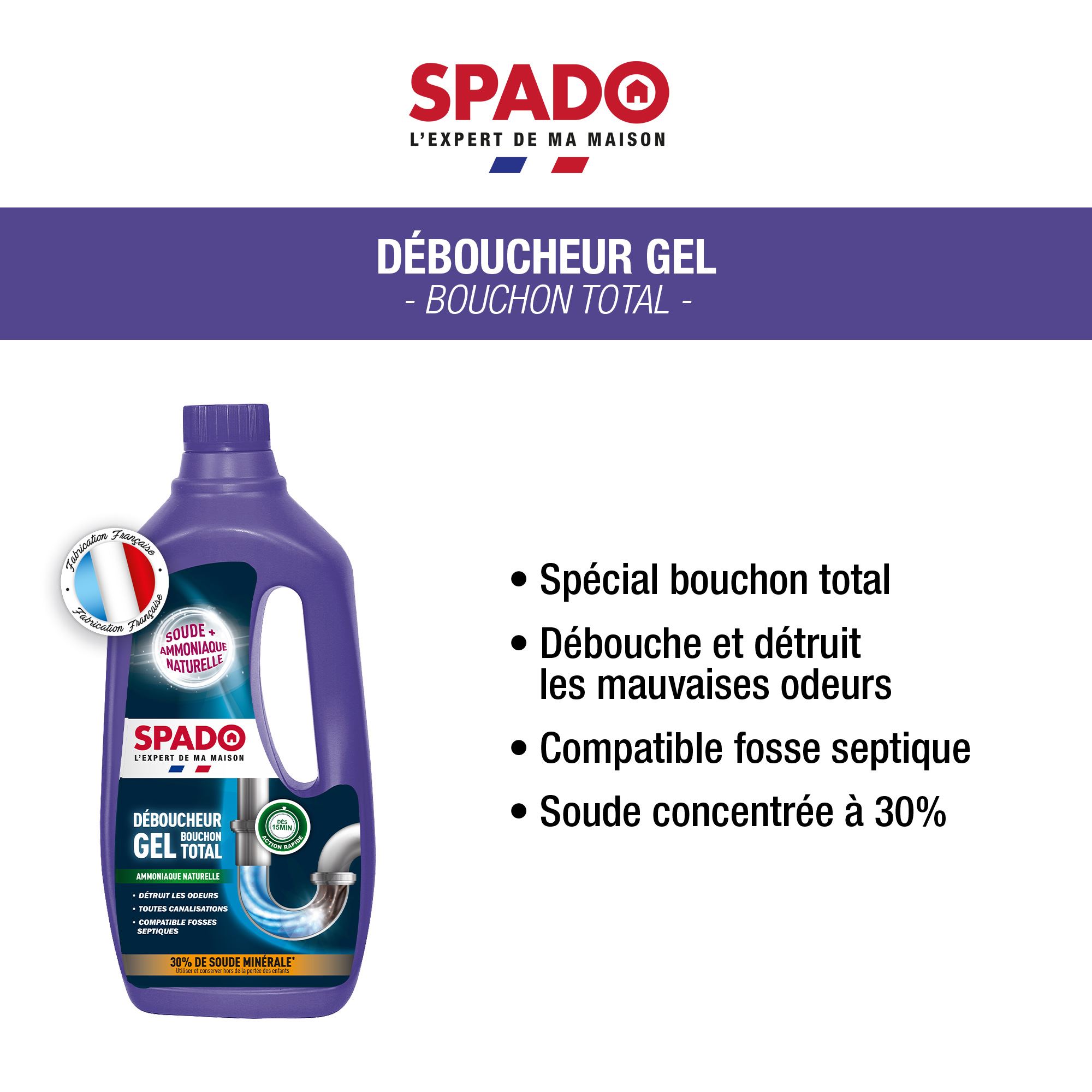 SPADO - Déboucheur biologique - Débouche, nettoie et désodorise - Elimine  bouchons, saletés et odeurs - compatible fosses septiques et bacs à graisse  - Sans soude ni acide - 1L - Fabriqué en France : : Epicerie