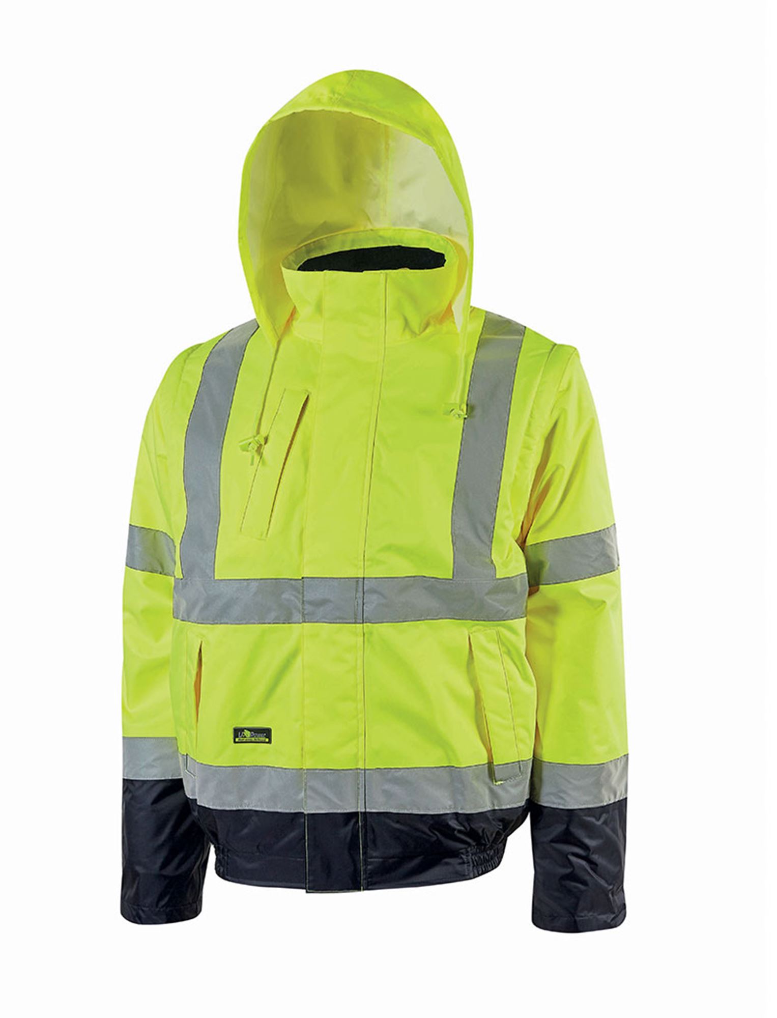 Manteau imperméable haute visibilité en nylon avec bandes réfléchissantes.