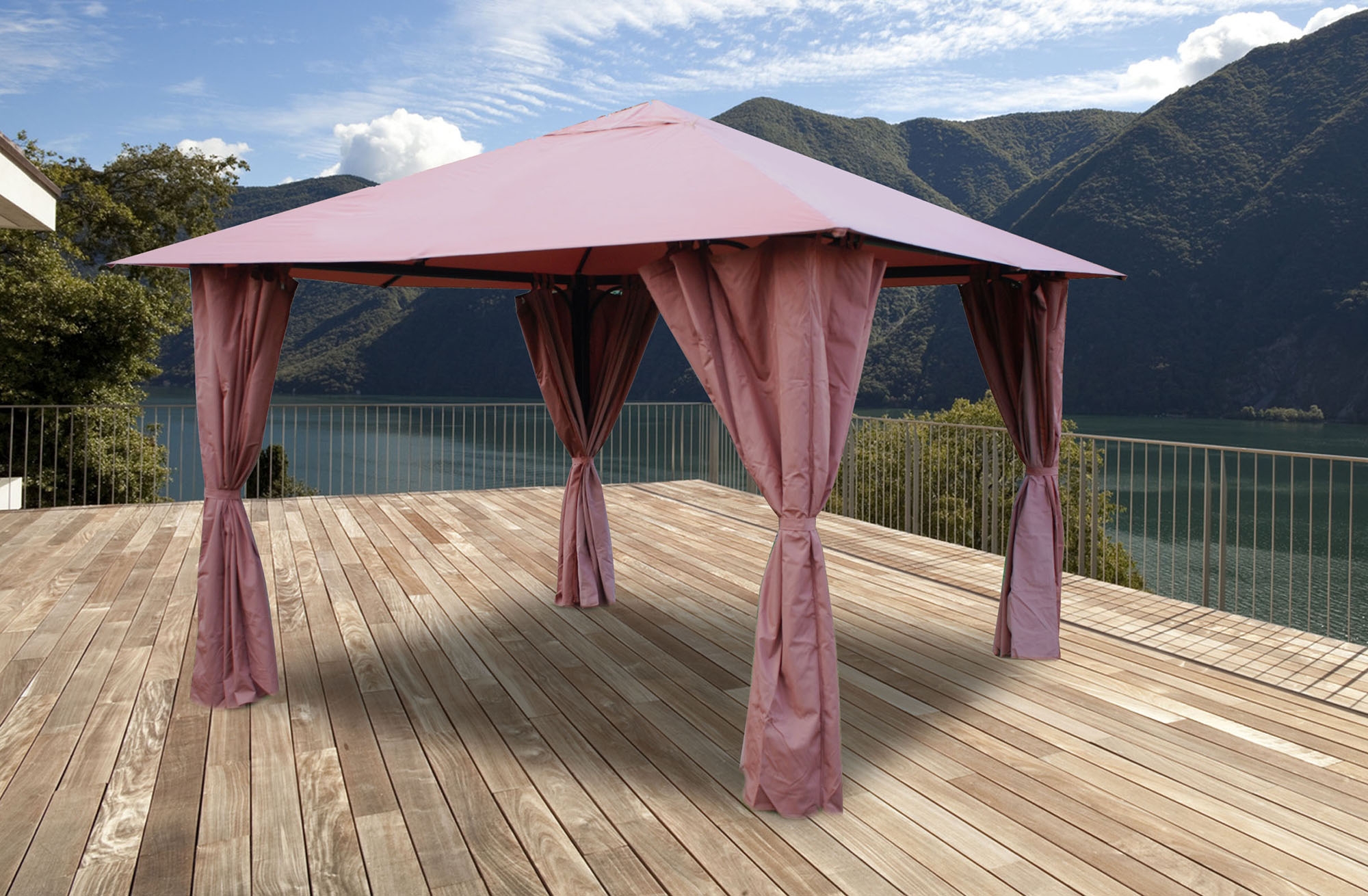 Tonnelle de jardin 3x3 m avec rideaux Atlas coloris Lie de vin