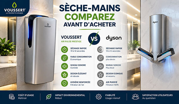 Comparatif visuel de deux sèche-mains électriques professionnels côte à côte : un modèle vertical Voussert et un Dyson Airblade, sur le thème « comparez avant d'acheter »