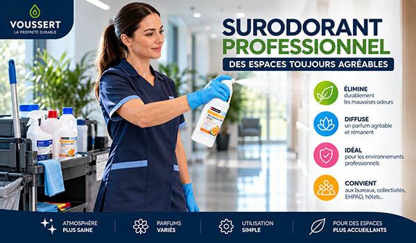 Technicien de propreté pulvérisant un surodorant professionnel dans un couloir de collectivité, avec chariot de nettoyage et flacons de produits d'entretien à proximité