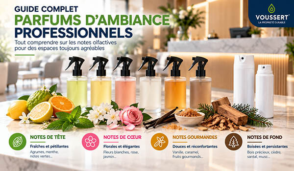 Recharges et flacons de parfums d'ambiance professionnels disposés près d'agrumes, de fleurs, de bâtons de vanille et de bois de santal pour illustrer les notes olfactives
