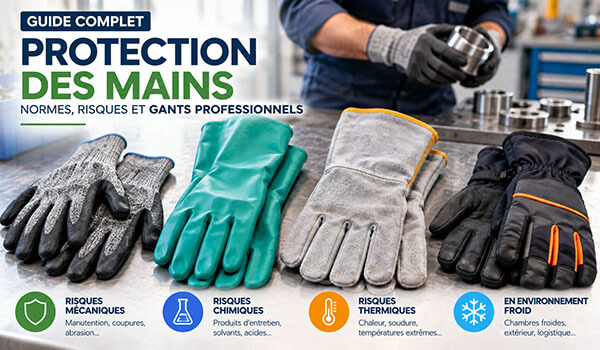 Opérateur en atelier portant des gants de protection, avec sur l'établi des gants anti-coupure, chimiques, thermiques et anti-froid classés par type de risque