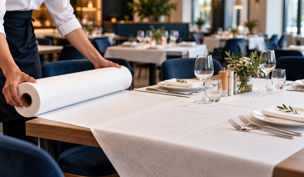 Rouleau de nappe jetable blanche déroulé sur une table de restaurant dressée avec assiettes, verres et couverts